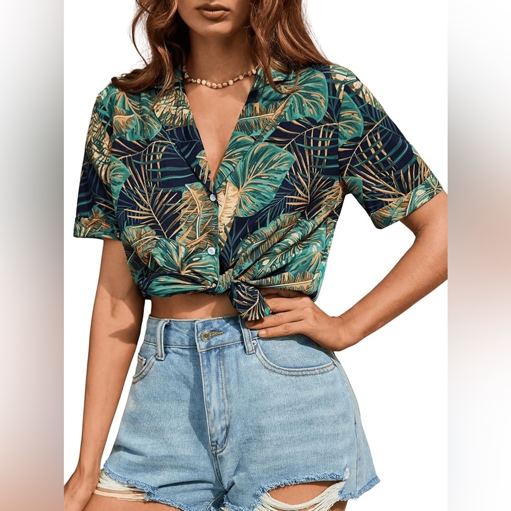 Tropical Leaf Print Tie-Front Blouse - Green
